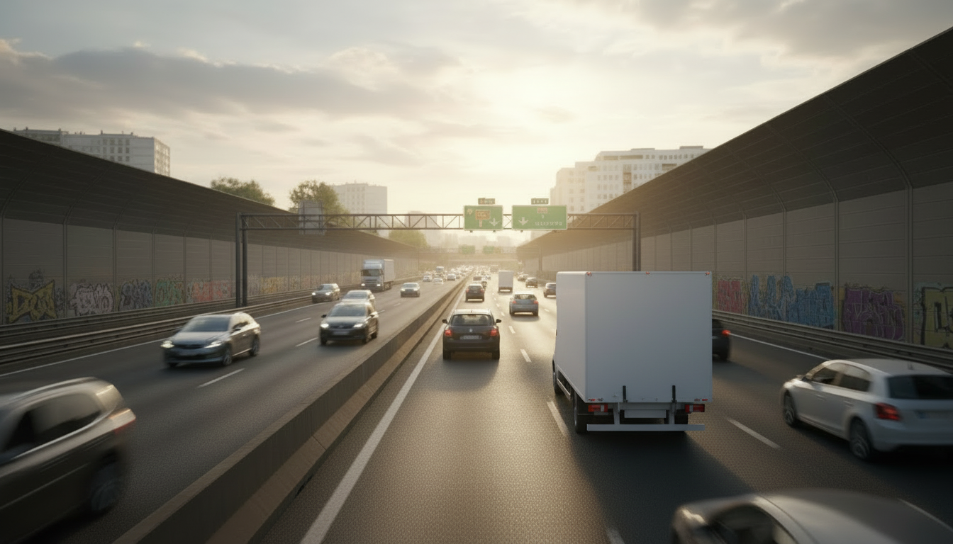 petit camion de livraison 20m2, blanc, sans logo ni texte, sur le périphérique en France, style réaliste