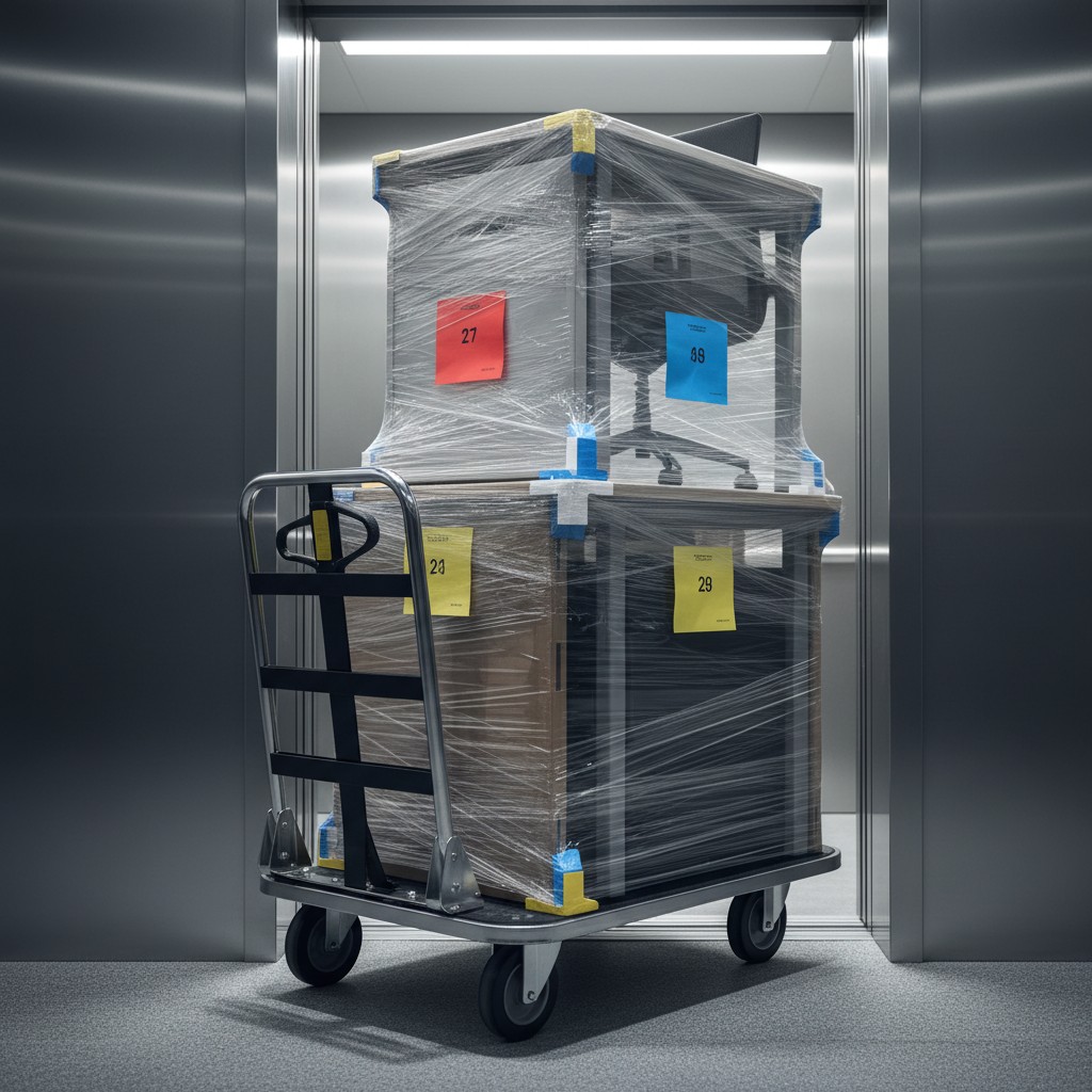 Ces meubles en colis ont été emportés dans l'ascenseur.