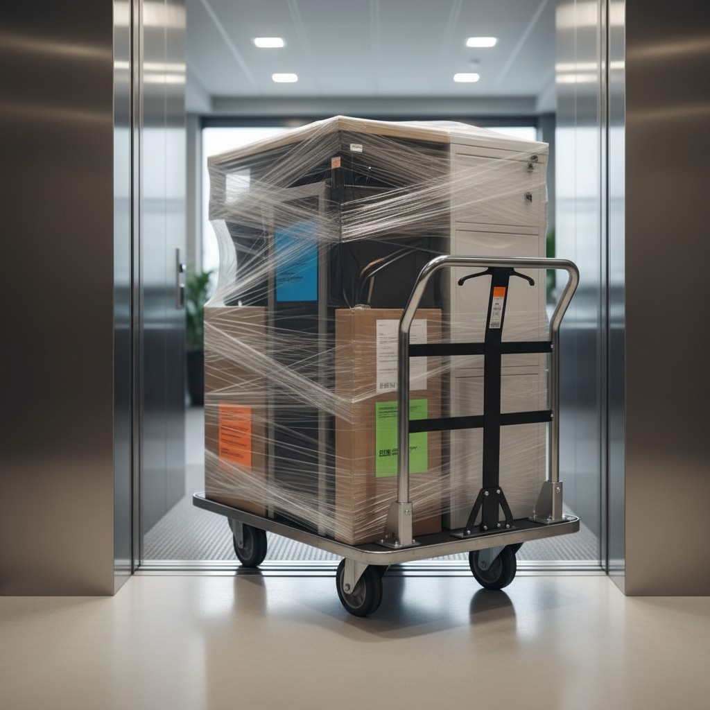 Load of office furniture wrapped in plastic on metal platform trolleys in an elevator.