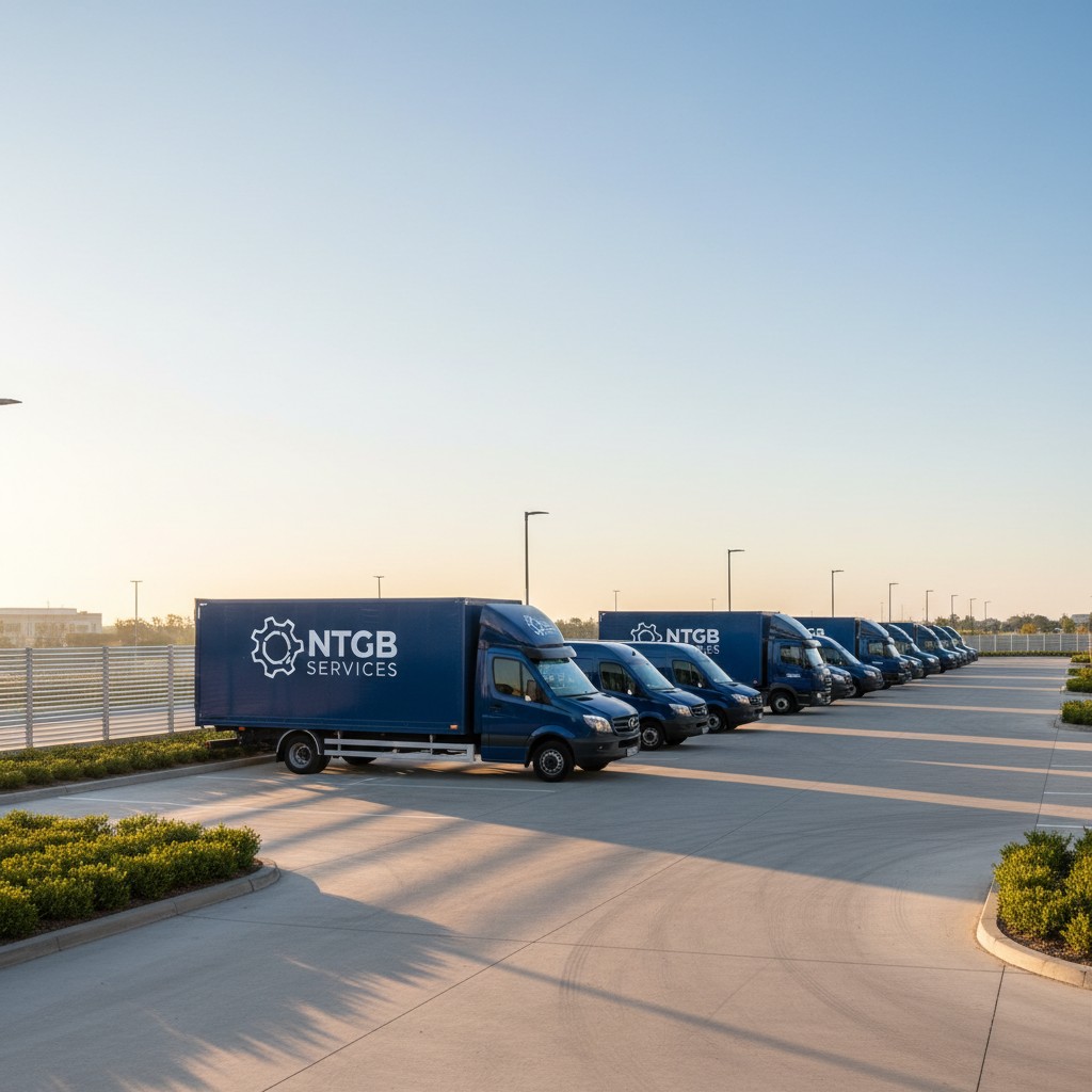 A fleet of blue trucks with white lettering parked in a lot during the daytime.